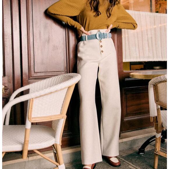 Sezane Jones Cream wool blend high waist wide leg exposed buttons pants 38 US 6 - Picture 1 of 8